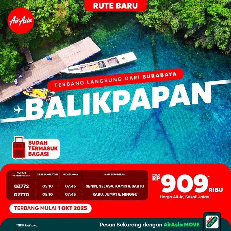 Perkuat Surabaya sebagai Hub, Indonesia AirAsia Hadirkan Berbagai Rute Baru, Internasional Maupun Domestik 5 Surabaya Balikpapan