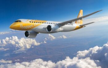 Foto Pesawat Embraer Scoot E190 E2 untuk penerbangan dari Belitung dan Pontianak