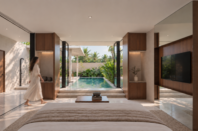 Opus Bay Batam: Resort Terintegrasi Pertama di Batam Akan dibuka pada Desember 2026 4 Minimalist Bedroom with Tropical Pool View